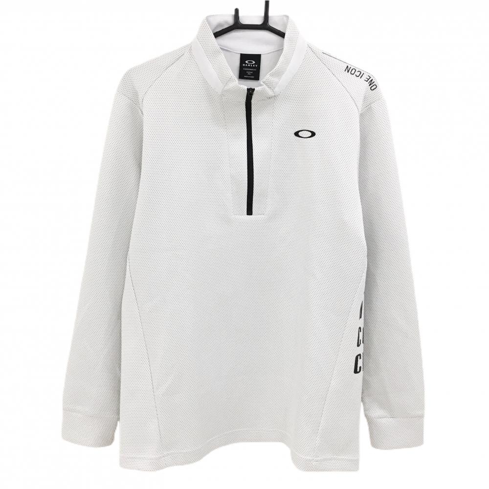 【美品】オークリー 長袖ハイネックシャツ 白×グレー ドット風 ハーフジップ ロゴ黒  メンズ L ゴルフウェア 2023年モデル Oakley