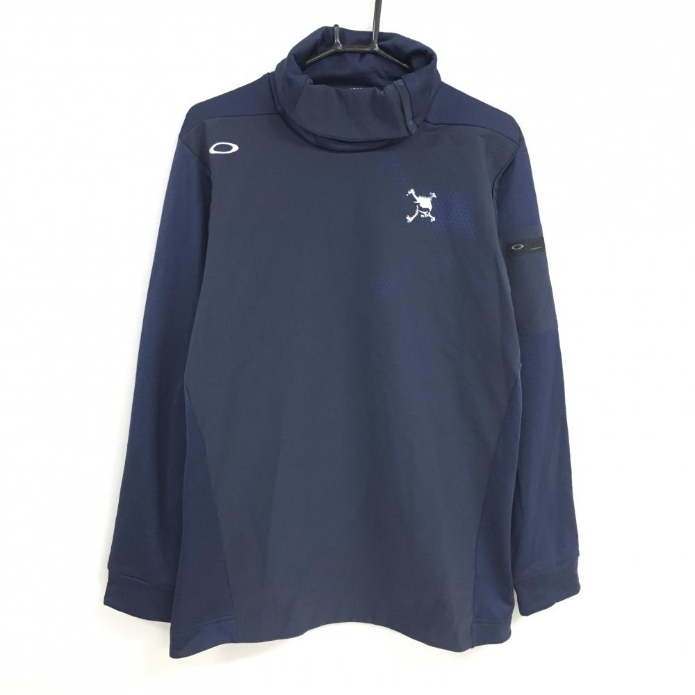 オークリー 長袖タートルネックシャツ ネイビー ロゴ白 袖・後ろ地模様 ネックボタン メンズ XL ゴルフウェア Oakley