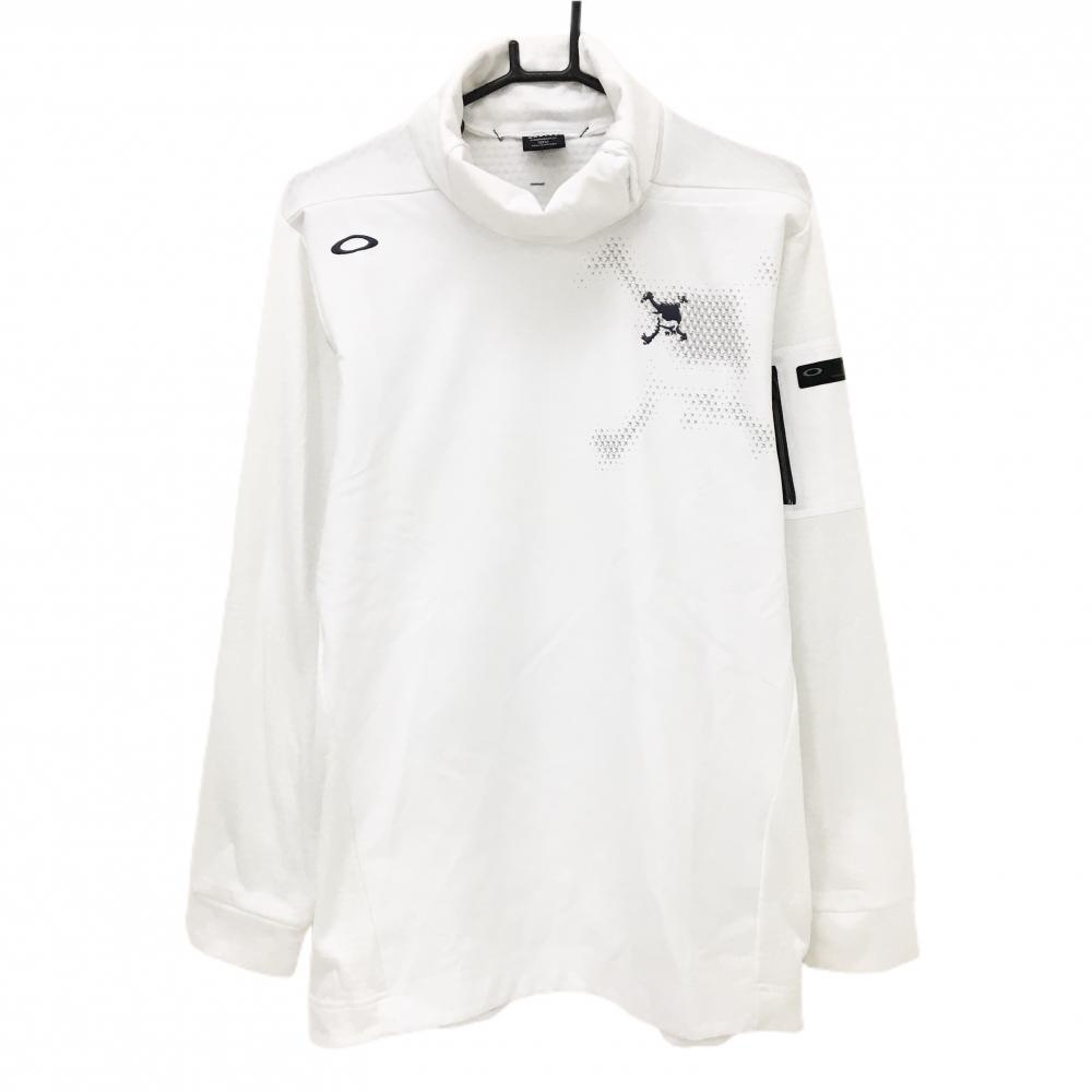 オークリー 長袖タートルネックシャツ 白 ロゴグレー 袖・後ろ地模様 ネックボタン  メンズ XL ゴルフウェア Oakley