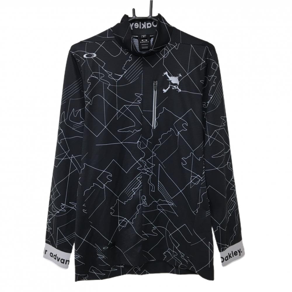 【超美品】オークリー 長袖ハイネックシャツ 黒×白 総柄 ロゴ刺しゅう 袖口英字 メンズ L ゴルフウェア Oakley