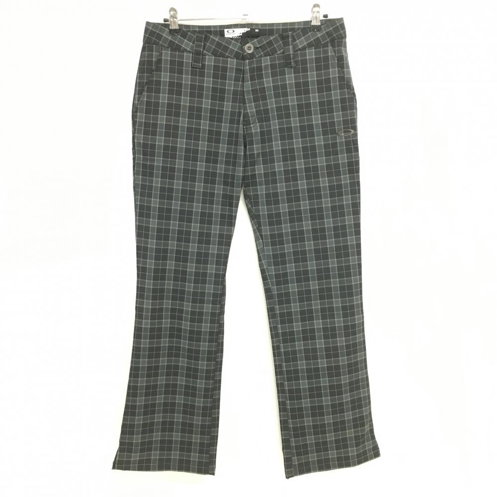 【美品】オークリー パンツ 黒×ダークグリーン チェック柄 ロゴ刺しゅう メンズ 34 ゴルフウェア Oakley