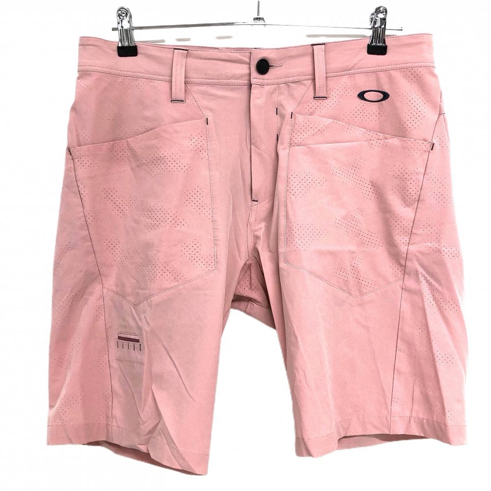 【美品】オークリー ハーフパンツ ピンク×ネイビー ロゴ刺しゅう ティー装着可 メンズ 34 ゴルフウェア Oakley 画像
