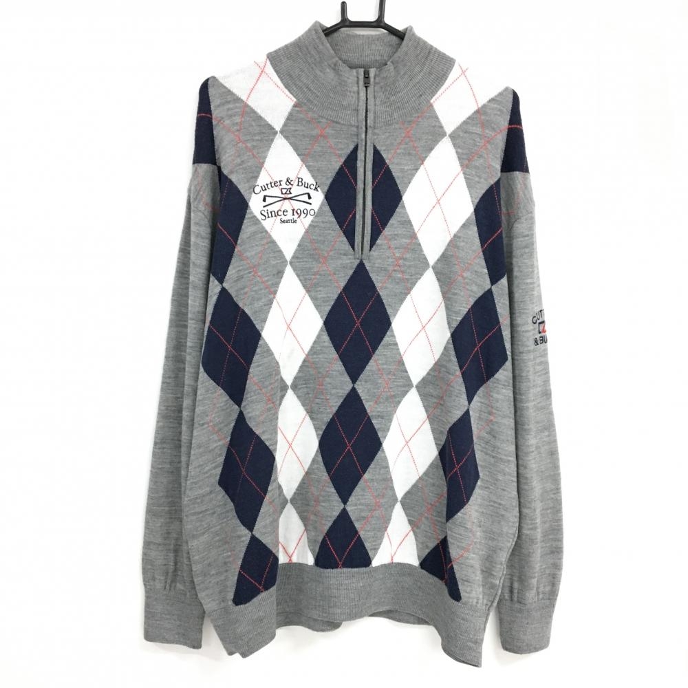 カッターアンドバック ハイネックセーター グレー×白 アーガイル ハーフジップ メンズ 3L ゴルフウェア 大きいサイズ CUTTER＆BUCK