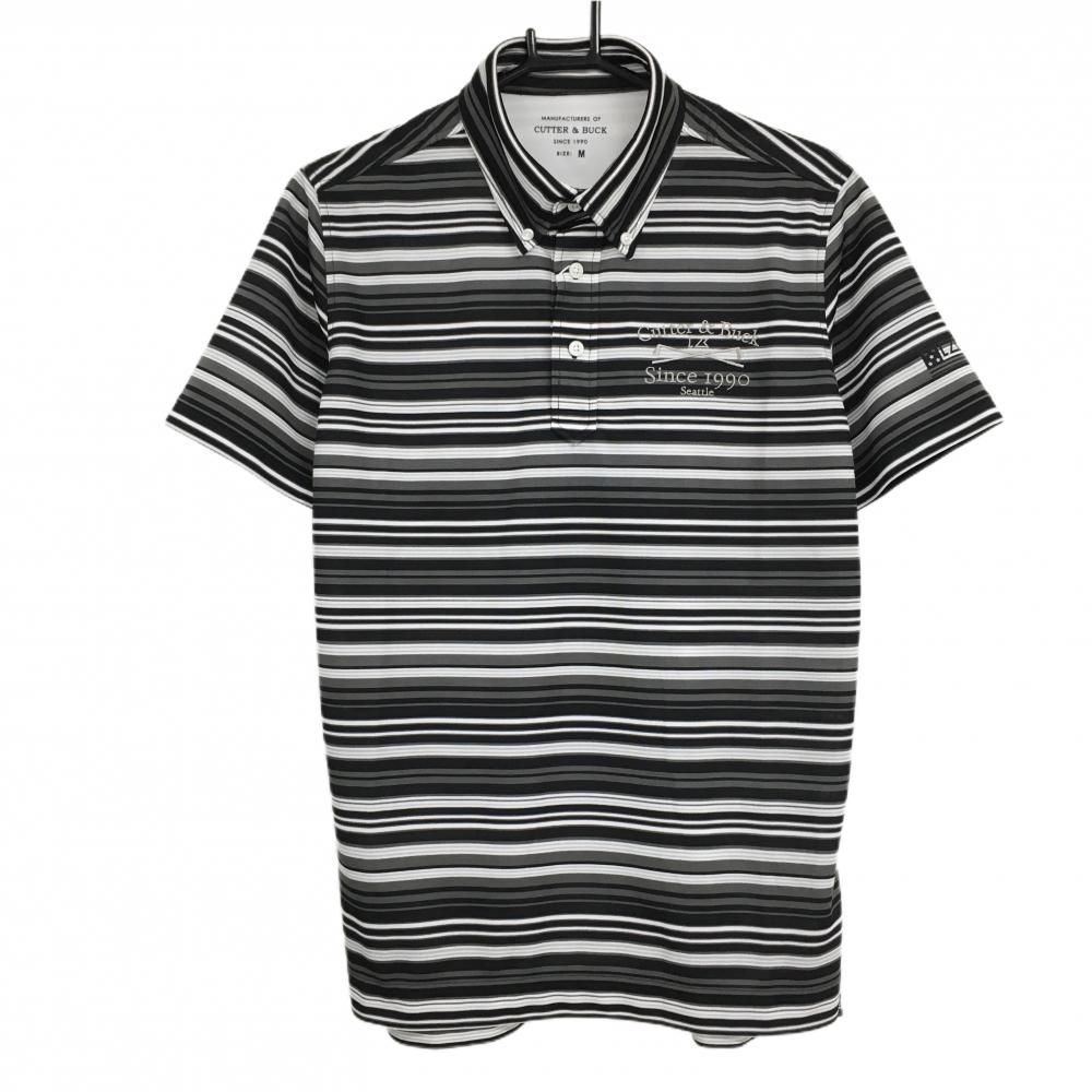 【新品】カッターアンドバック 半袖ポロシャツ 黒×グレー×白 ボーダー ボタンダウン 吸水速乾  メンズ M ゴルフウェア CUTTER＆BUCK