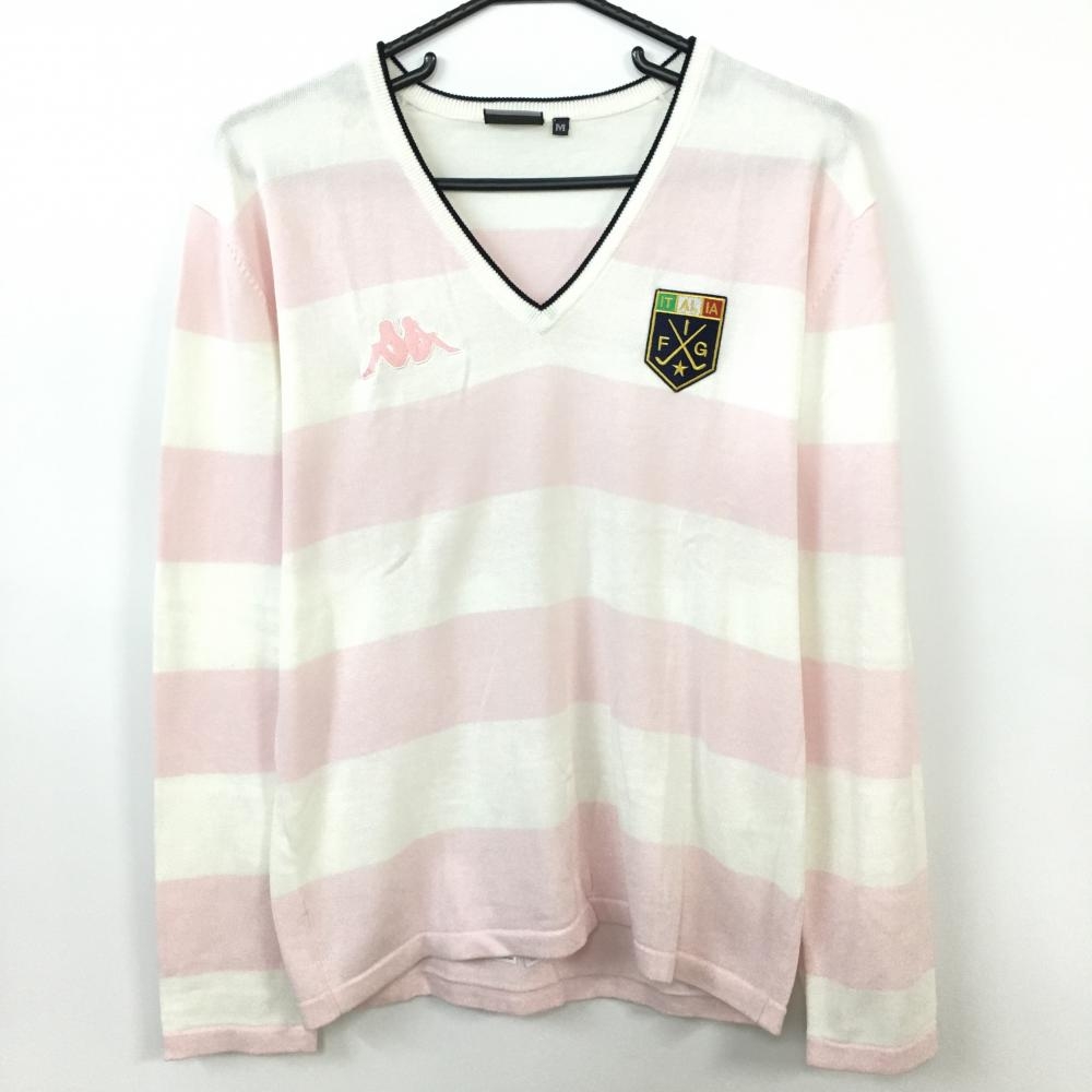 Kappa カッパ 長袖セーター 白×ライトピンク ボーダー柄 Vネック ワッペン 綿100％  メンズ M ゴルフウェア 画像