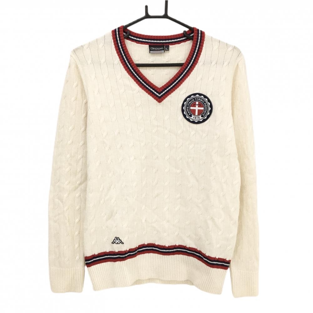 カッパ セーター アイボリー×レッド ケーブル編み ニット ウール混 Vネック  メンズ L ゴルフウェア Kappa
