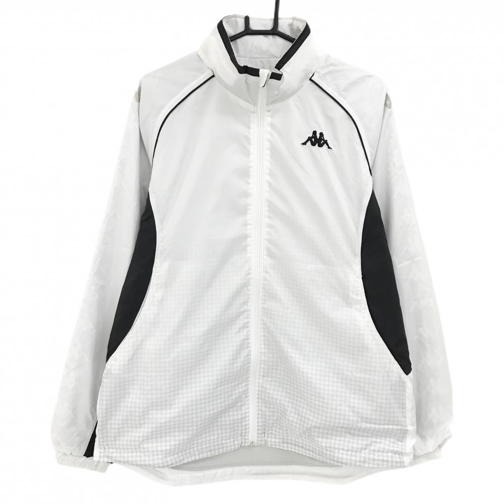 カッパ ジャケット 白×黒 袖ロゴプリント 下部千鳥格子 裏起毛 フード収納  メンズ O ゴルフウェア Kappa