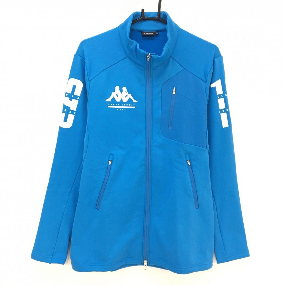 【美品】カッパ ジャケット ブルー×白 ダブルジップ ロゴ 裾ドローコード 裏微起毛 メンズ O(XL) ゴルフウェア Kappa