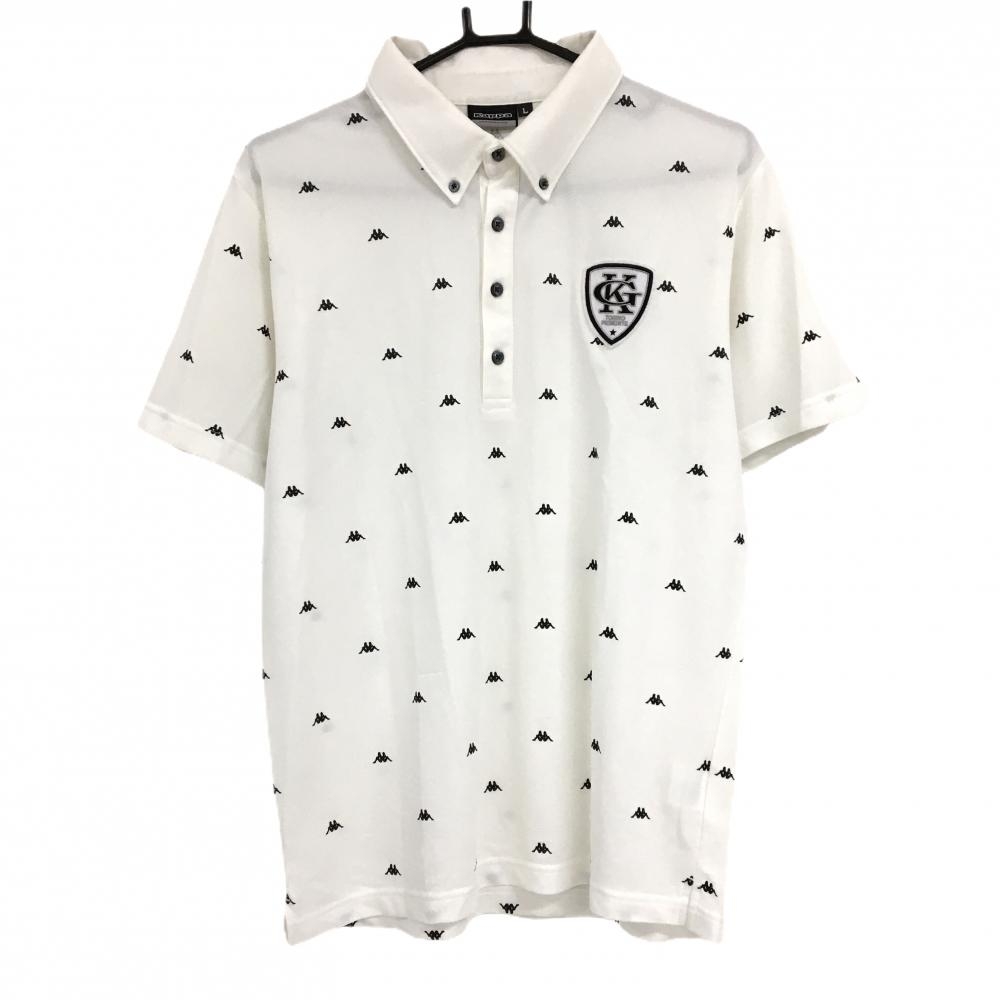 カッパ 半袖ポロシャツ 白×黒 ロゴ総柄 刺しゅうワッペン ボタンダウン  メンズ L ゴルフウェア Kappa