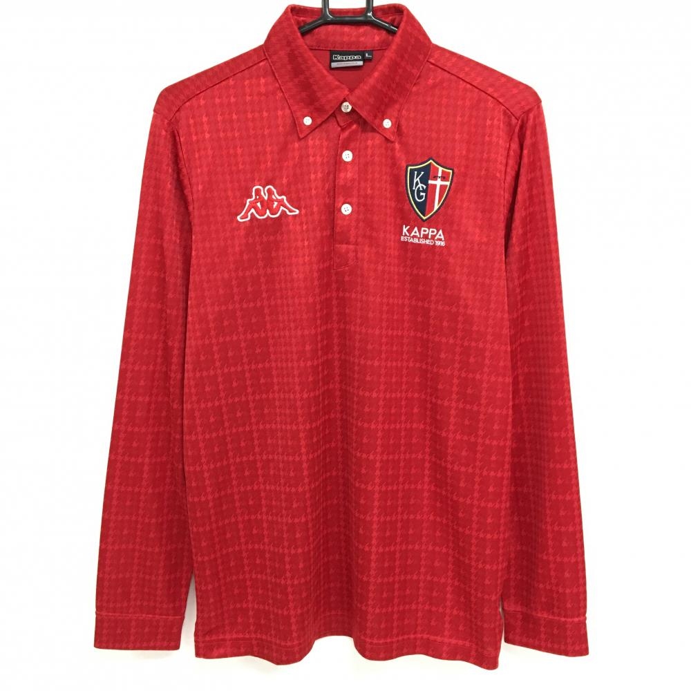 【美品】カッパ 長袖ポロシャツ レッド 千鳥格子地模様 ボタンダウン メンズ L ゴルフウェア Kappa