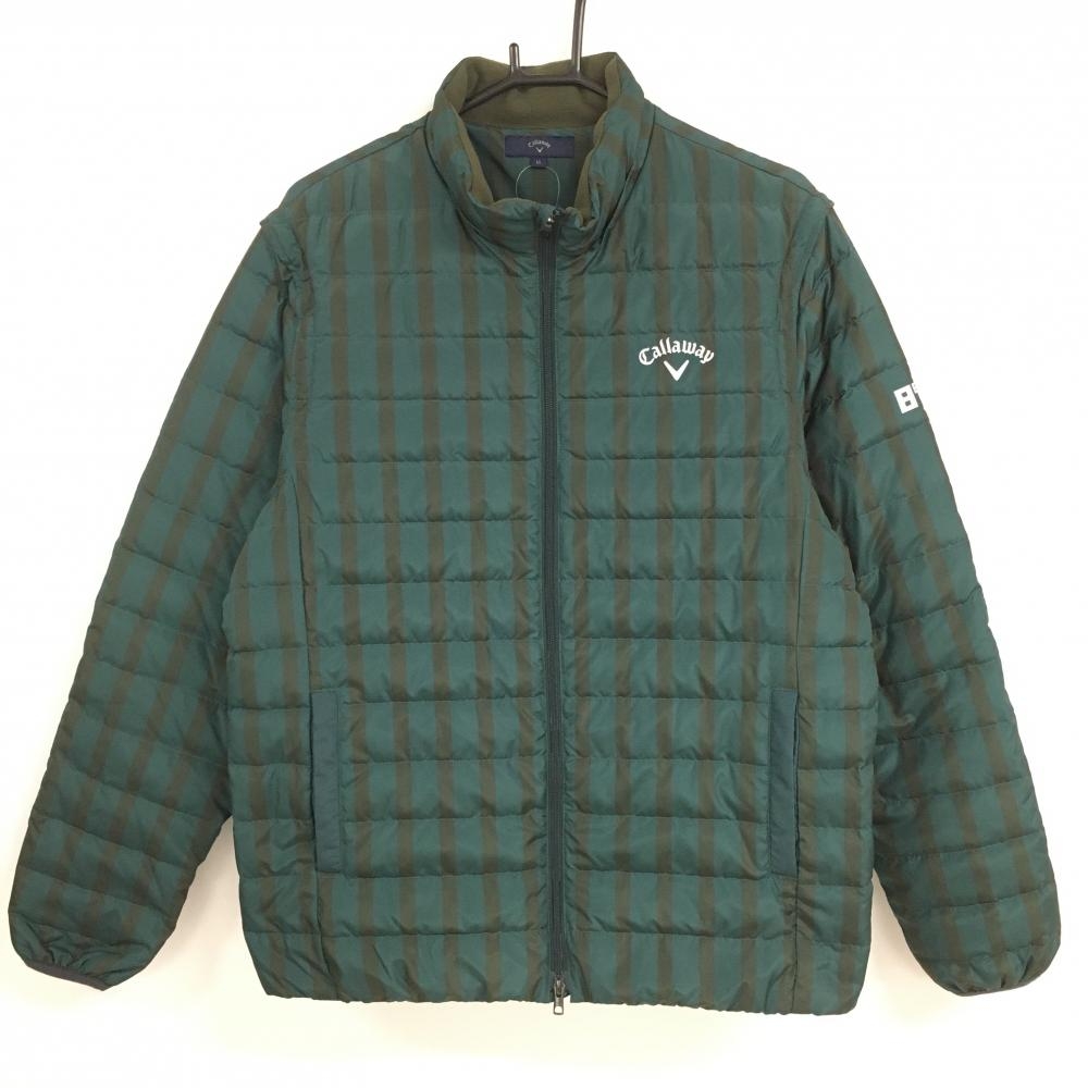 【美品】キャロウェイ 2WAYダウンジャケット グリーン×カーキ ストライプ 襟裏フリース 軽量 袖着脱可 メンズ LL ゴルフウェア Callaway