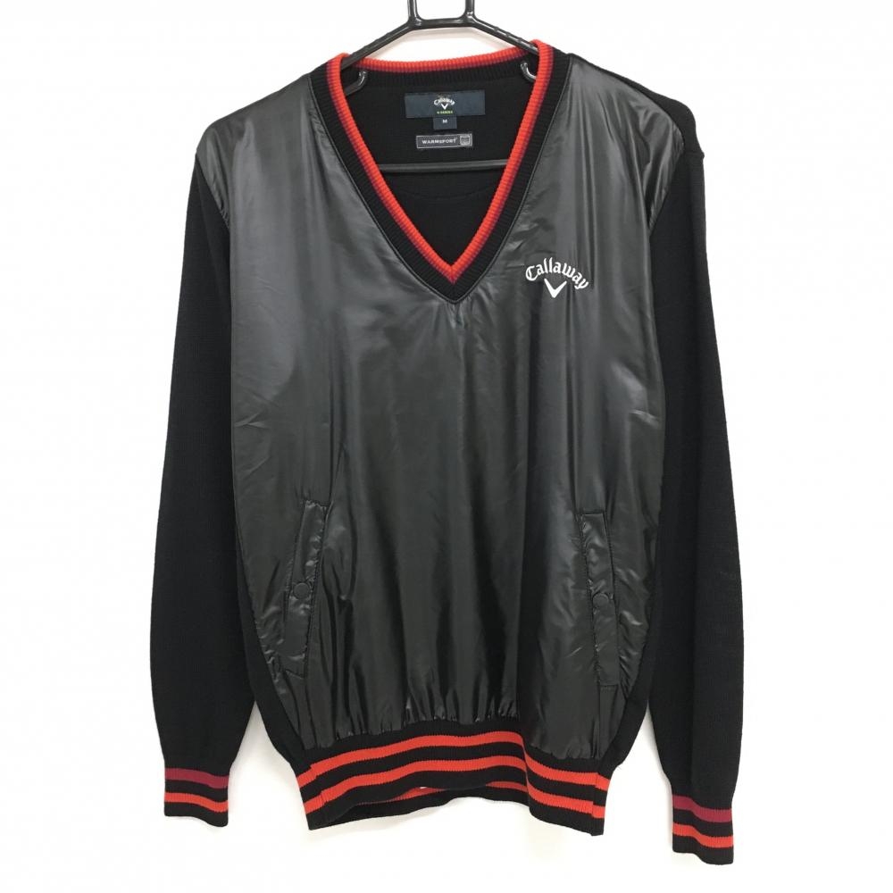 【美品】キャロウェイ セーター　黒×オレンジ ネック・袖口・裾ライン ウール混 前面異素材重ね Vネック メンズ M ゴルフウェア Callaway 画像