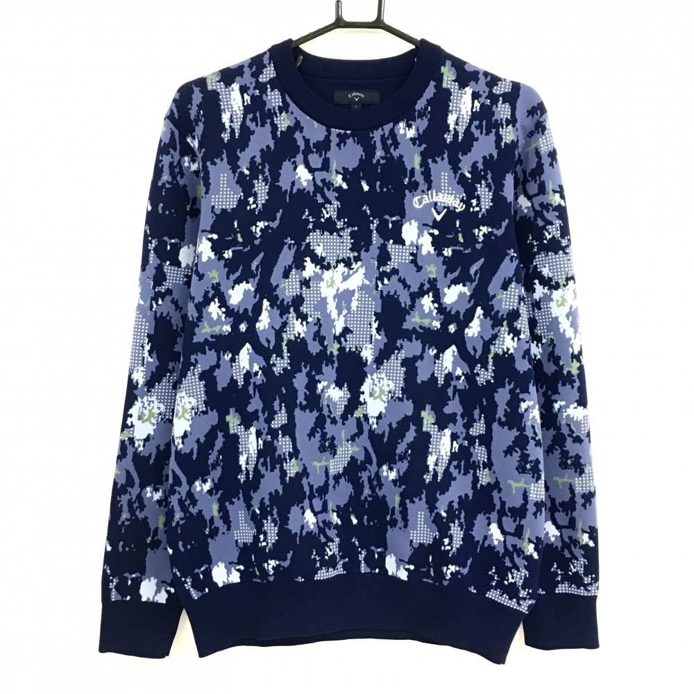【超美品】キャロウェイ セーター ネイビー×ライトパープル 総柄 ニット メンズ L ゴルフウェア Callaway
