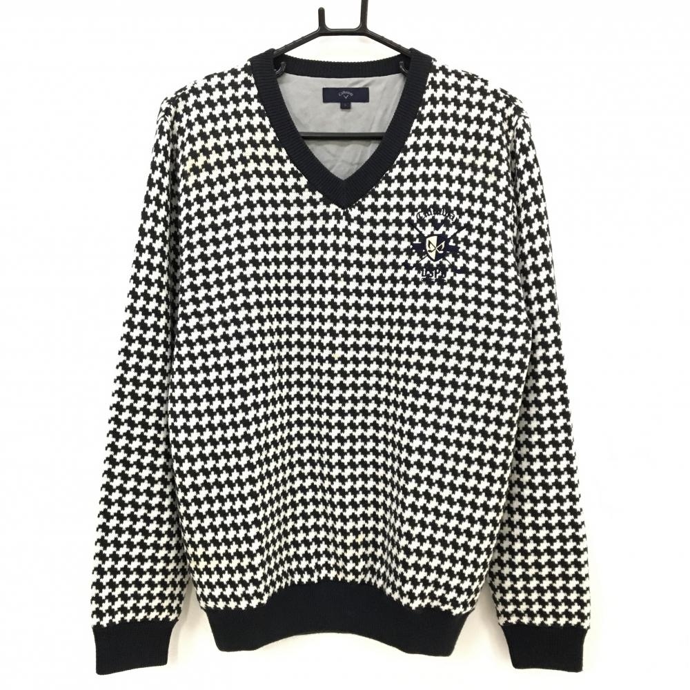 キャロウェイ セーター ネイビー×白 総柄編み ニット ウール混 裏地付 Vネック メンズ L ゴルフウェア Callaway