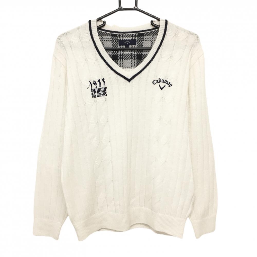 【美品】キャロウェイ セーター 白×ネイビー ストライプ編み Vネック ニット メンズ L ゴルフウェア Callaway