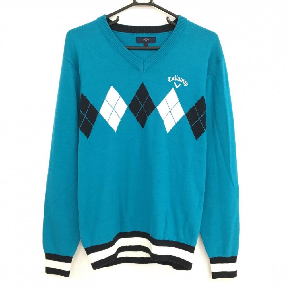 【超美品】キャロウェイ セーター ライトブルー×白 一部アーガイル柄 ニット ウール混 Vネック メンズ L ゴルフウェア Callaway