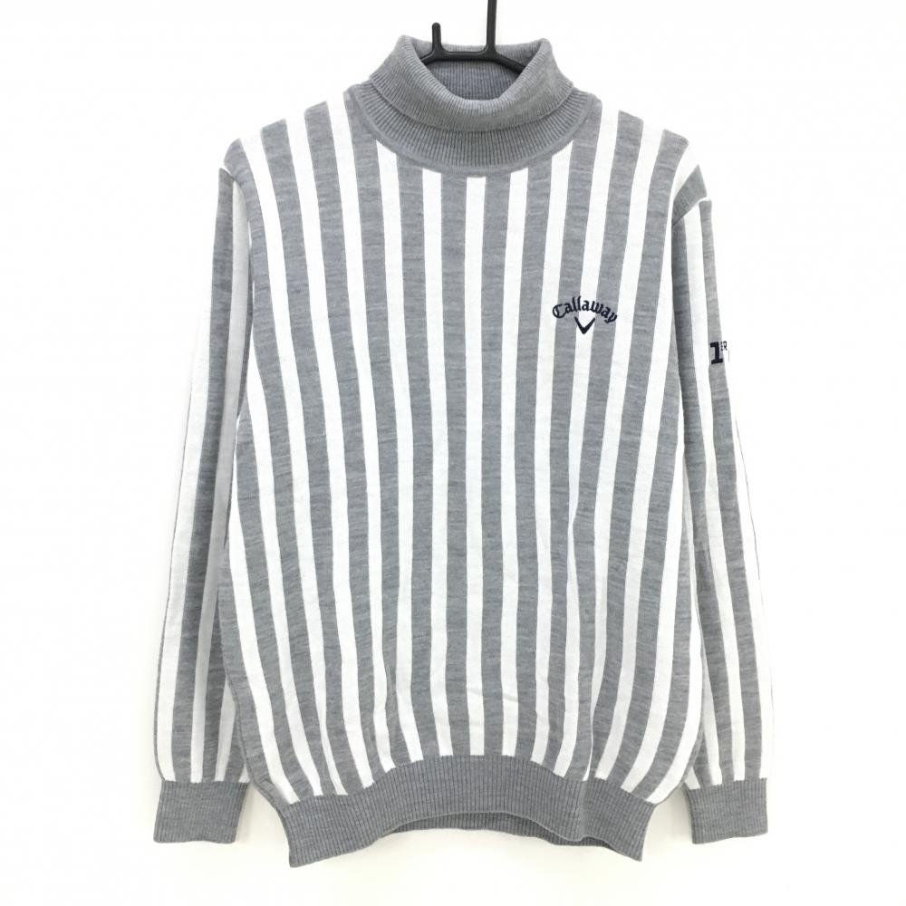【美品】キャロウェイ タートルネックセーター グレー×白 ストライプ ニット メンズ LL ゴルフウェア Callaway