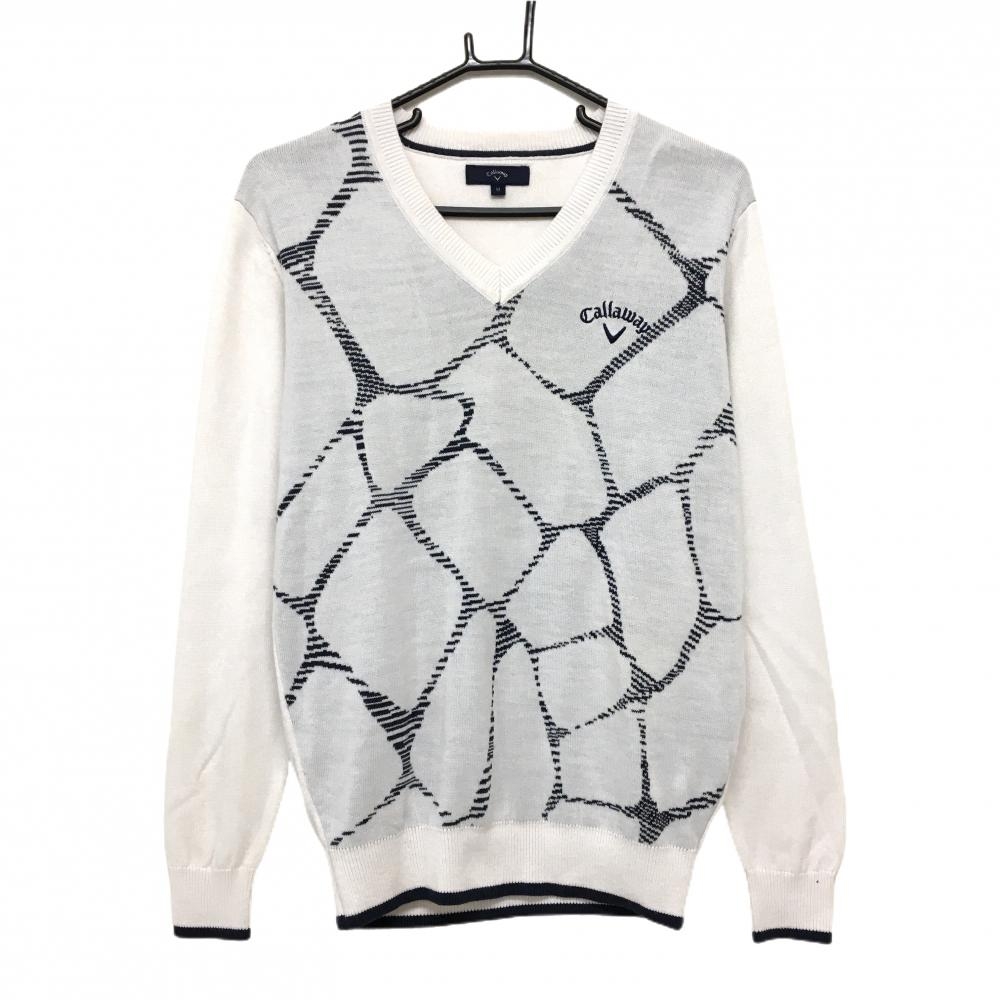 【美品】キャロウェイ セーター 白×ネイビー 前身頃総柄 ウール混 ニット  メンズ M ゴルフウェア Callaway
