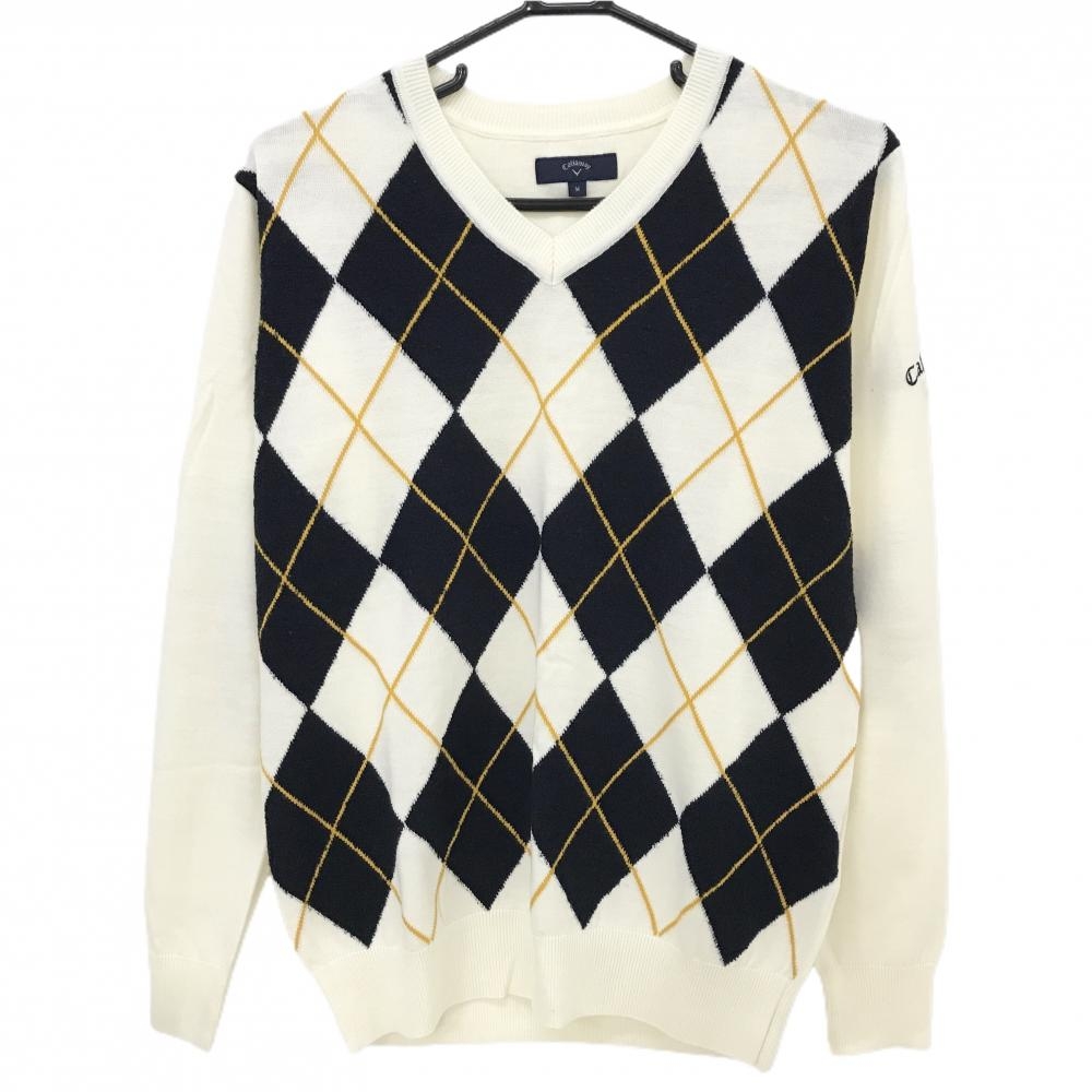【美品】キャロウェイ セーター アイボリー×黒 アーガイル柄 Vネック ウール混 ニット メンズ M ゴルフウェア Callaway