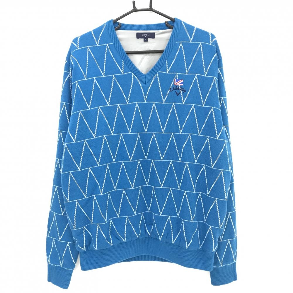 【美品】キャロウェイ セーター ブルー×白 総柄 裏地付き ニット メンズ 3L ゴルフウェア 大きいサイズ Callaway