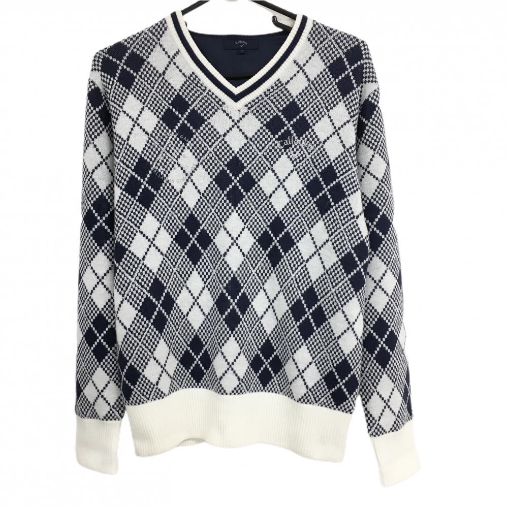【美品】キャロウェイ セーター 白×ネイビー アーガイル 裏地付 Vネック ニット  メンズ M ゴルフウェア Callaway