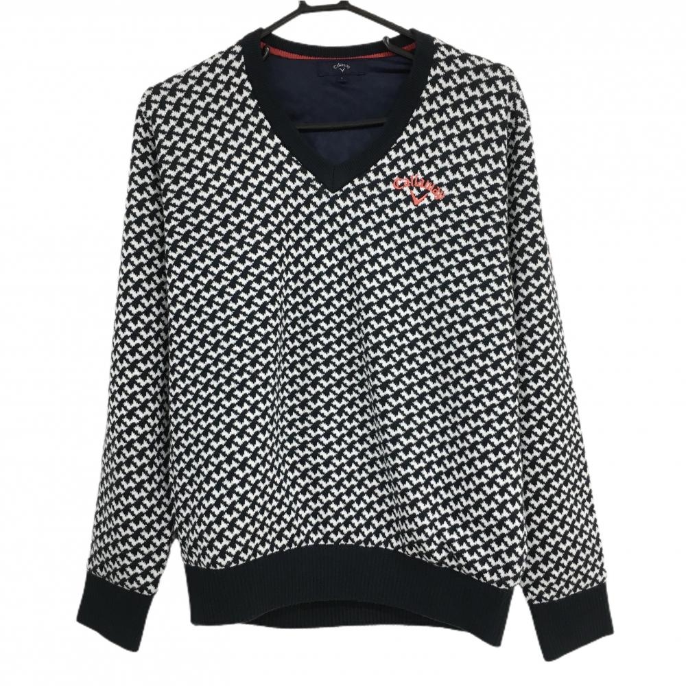 【美品】キャロウェイ セーター 白×ネイビー 総柄 ロゴレッド 裏地付き ニット 色褪せ・毛羽立ち少 メンズ L ゴルフウェア Callaway