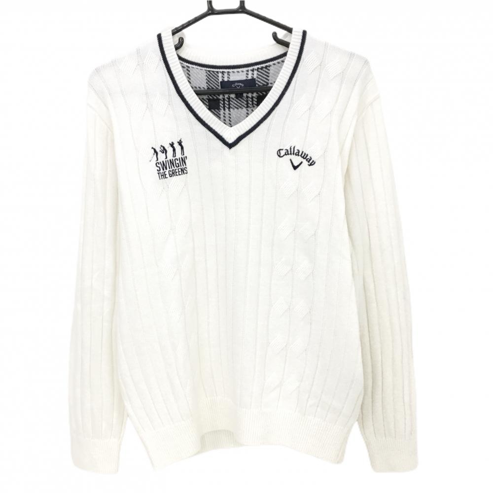 【美品】キャロウェイ セーター 白 一部ケーブル編み ロゴネイビー ニット  メンズ L ゴルフウェア Callaway