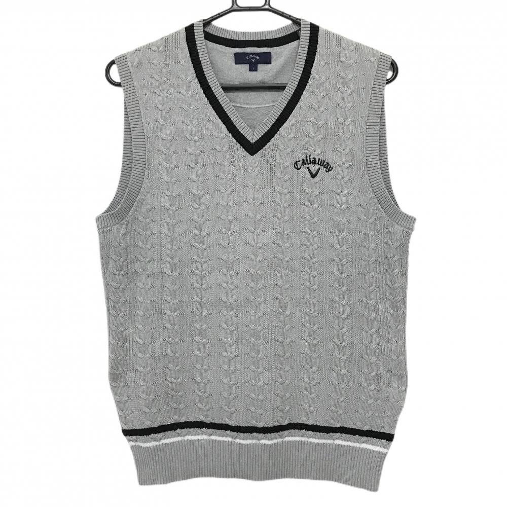 キャロウェイ ニットベスト グレー 前ケーブル編み ロゴ黒 メンズ L ゴルフウェア Callaway