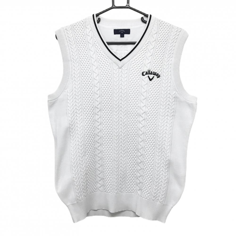 【超美品】キャロウェイ ニットベスト 白 ケーブル編み ロゴ黒 Vネック メンズ L ゴルフウェア Callaway