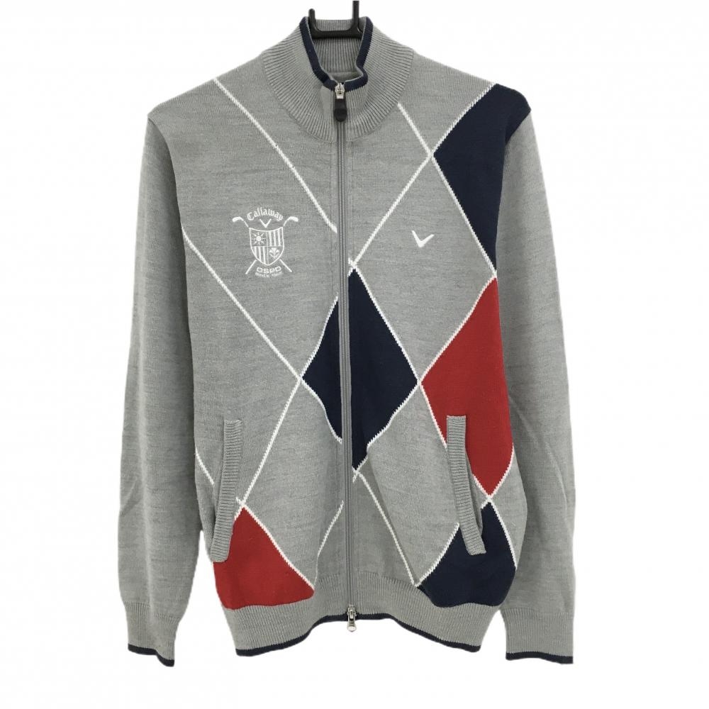【美品】キャロウェイ ニットジップジャケット グレー×ネイビー×レッド 前面ダイヤ柄 ウール混 メンズ M ゴルフウェア Callaway