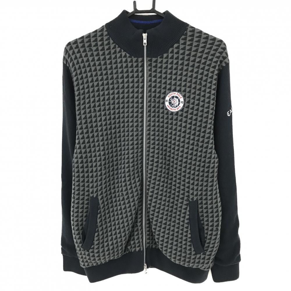 【美品】キャロウェイ ニットジャケット ダークネイビー×グレー 身頃総柄 袖ロゴ刺しゅう 裏地付き  メンズ L ゴルフウェア Callaway