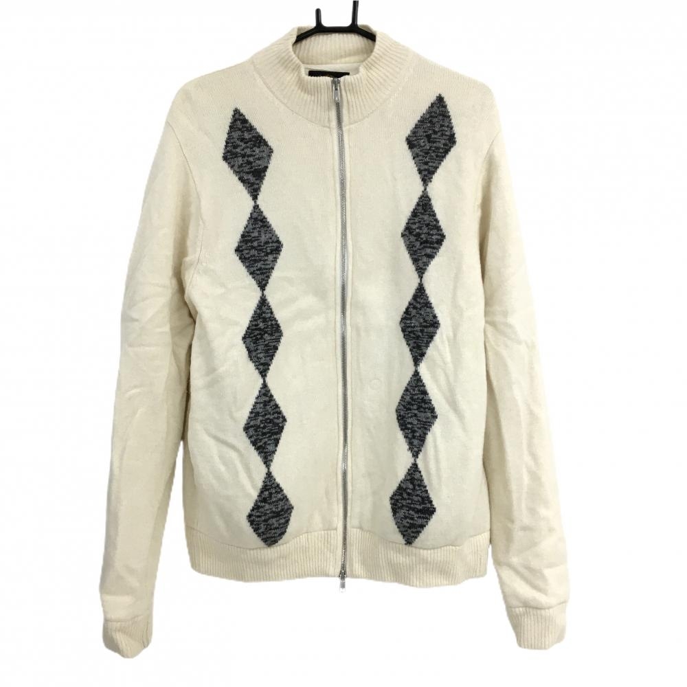 【美品】キャロウェイ ニットジャケット アイボリー×グレー ダイヤ柄 裏地付き ウール混  メンズ LL ゴルフウェア Callaway