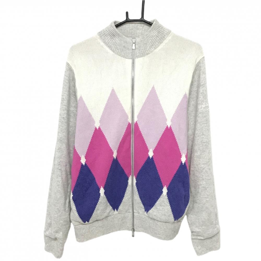 【超美品】キャロウェイ ニットジャケット 白×ライトグレー×ピンク 前面ダイヤ柄 裏地付 ウール混 メンズ L ゴルフウェア Callaway