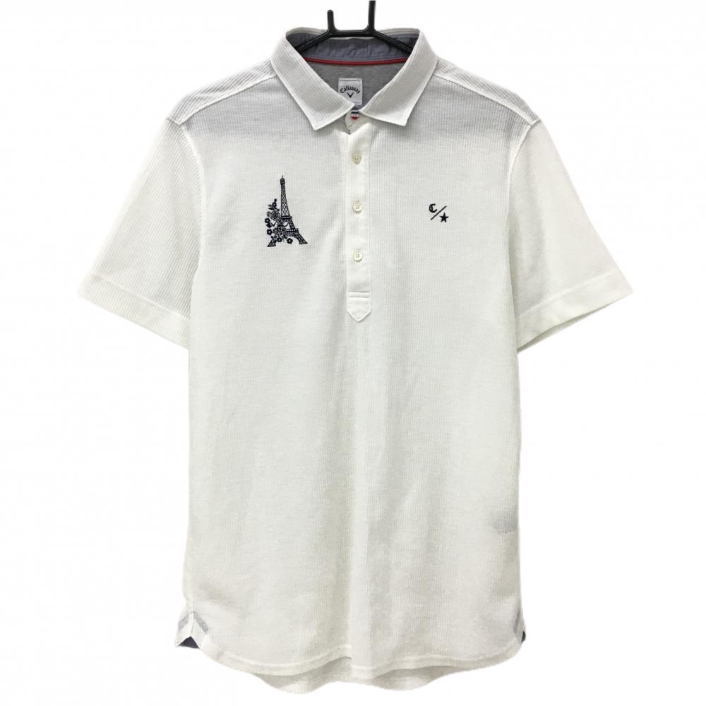 キャロウェイ 半袖ポロシャツ 白 織生地 ロゴネイビー  メンズ 3L ゴルフウェア 大きいサイズ Callaway