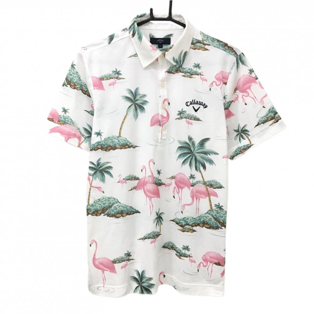【超美品】キャロウェイ 半袖ポロシャツ 白×ピンク フラミンゴ柄 ロゴ刺しゅう メンズ L ゴルフウェア Callaway
