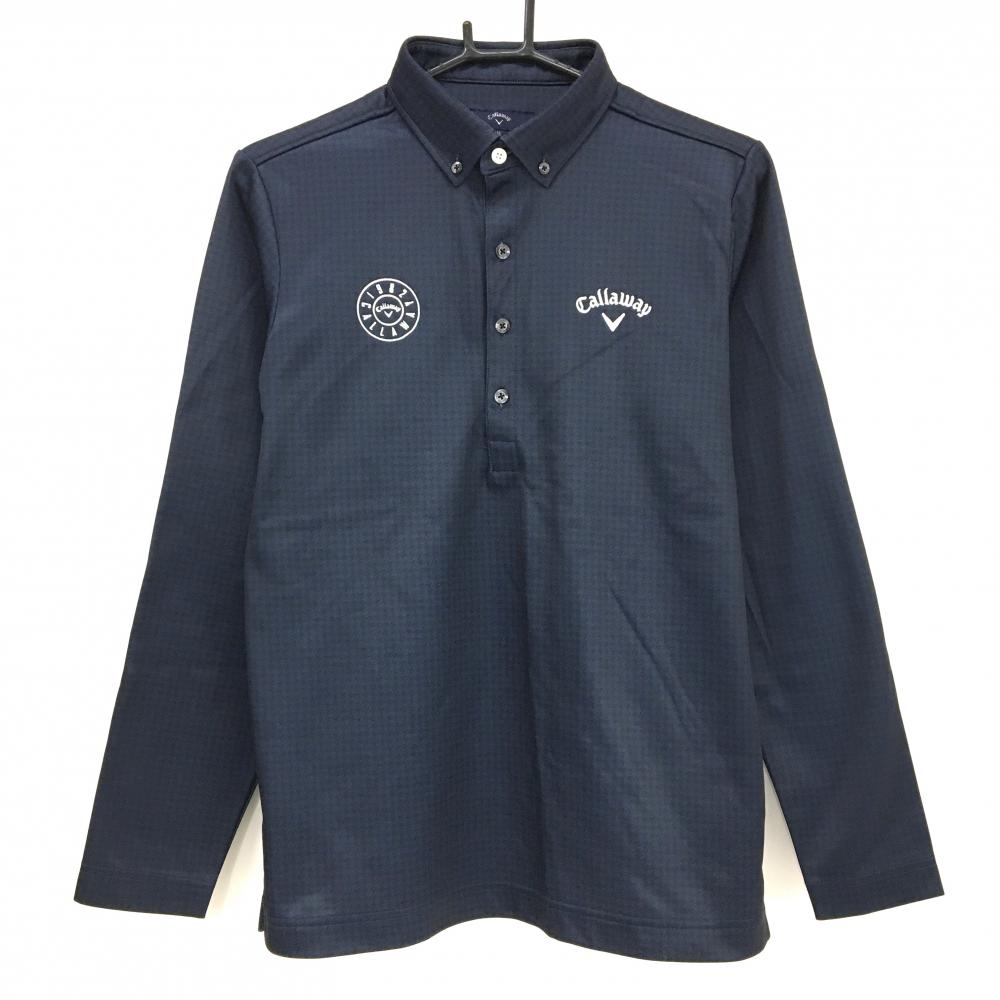 キャロウェイ 長袖ポロシャツ ネイビー×黒 千鳥柄 ロゴ白 裏微起毛 メンズ M ゴルフウェア Callaway