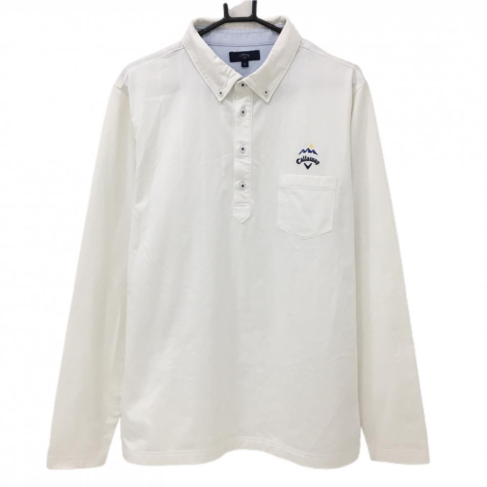 キャロウェイ 長袖ポロシャツ 白 ストライプ地模様 裏微起毛 ボタンダウン ロゴネイビー メンズ 3L ゴルフウェア 大きいサイズ Callaway