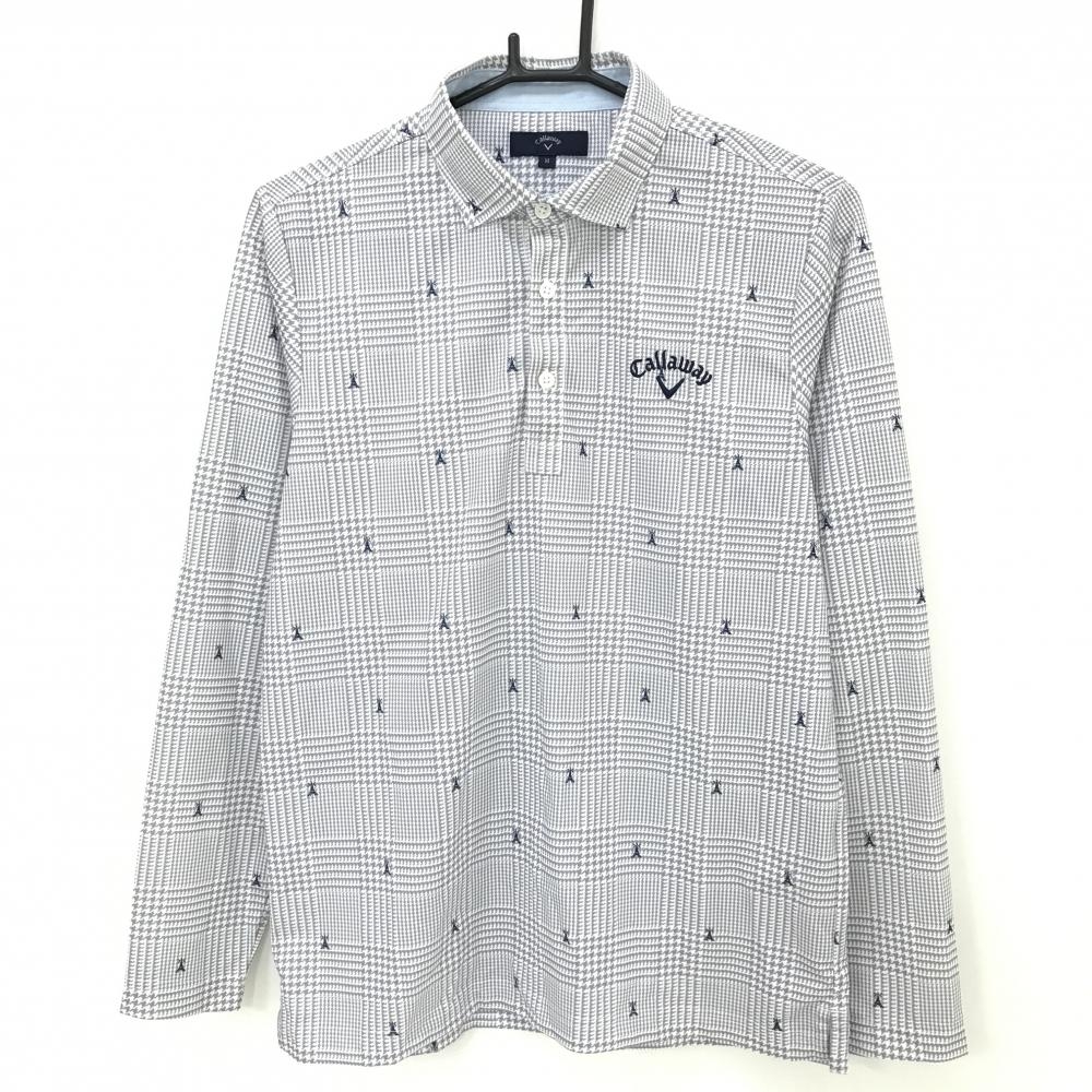 キャロウェイ 長袖ポロシャツ グレー×白 千鳥格子 エッフェル塔総柄 ロゴ刺しゅう  メンズ M ゴルフウェア Callaway
