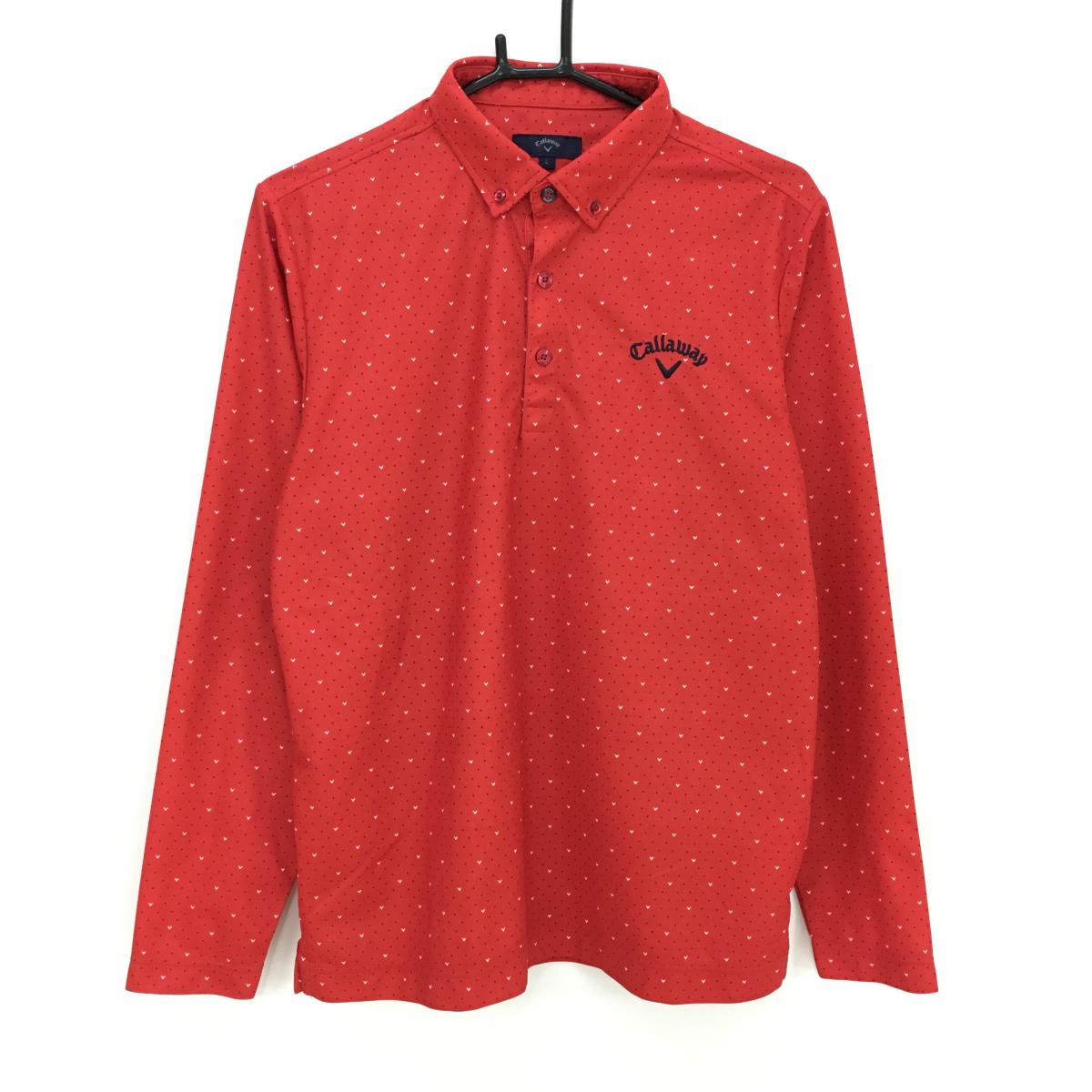 【超美品】キャロウェイ 長袖ポロシャツ レッド×ネイビー×白 ドット ボタンダウン メンズ L ゴルフウェア Callaway