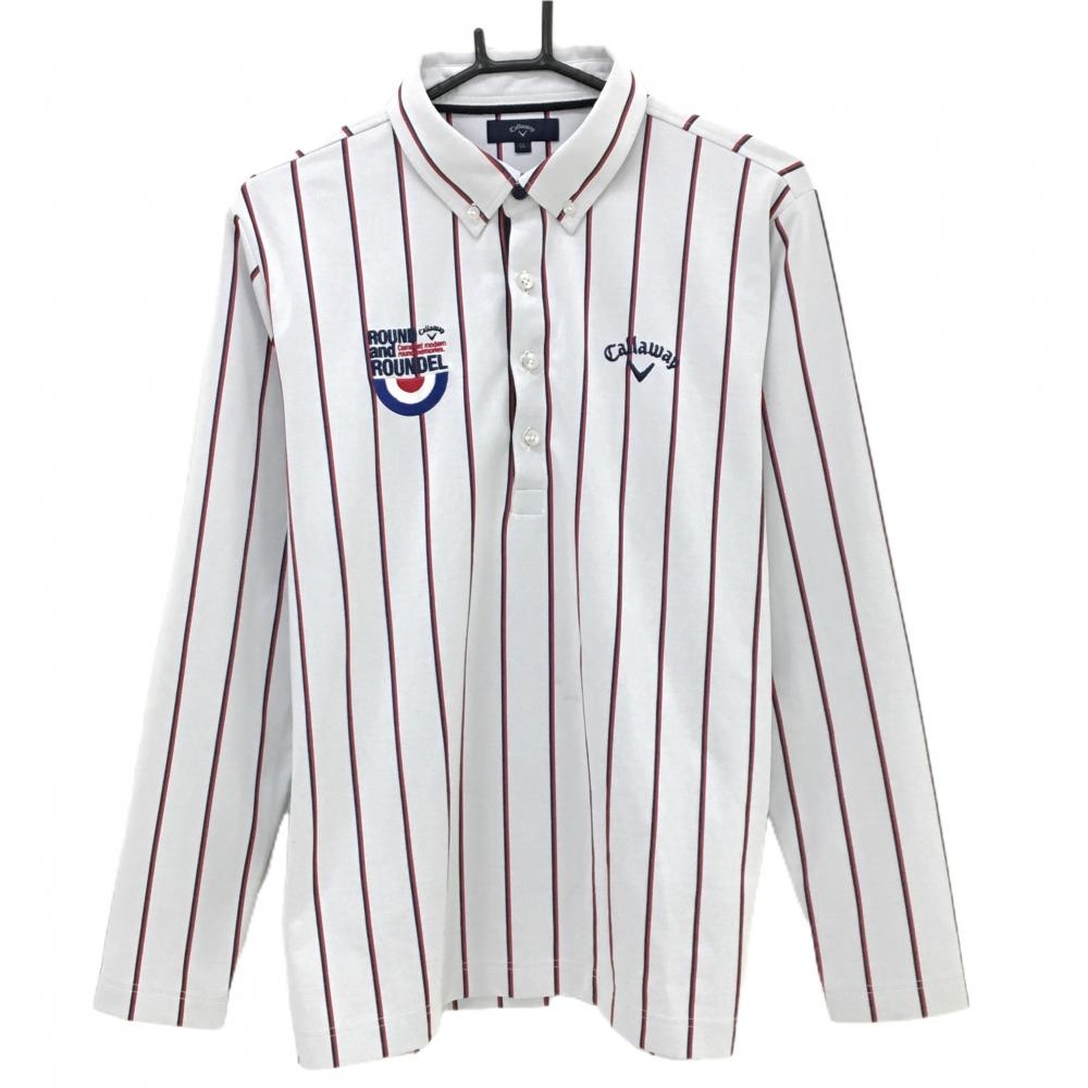 キャロウェイ 長袖ポロシャツ 白×レッド ストライプ ボタンダウン  メンズ LL ゴルフウェア Callaway