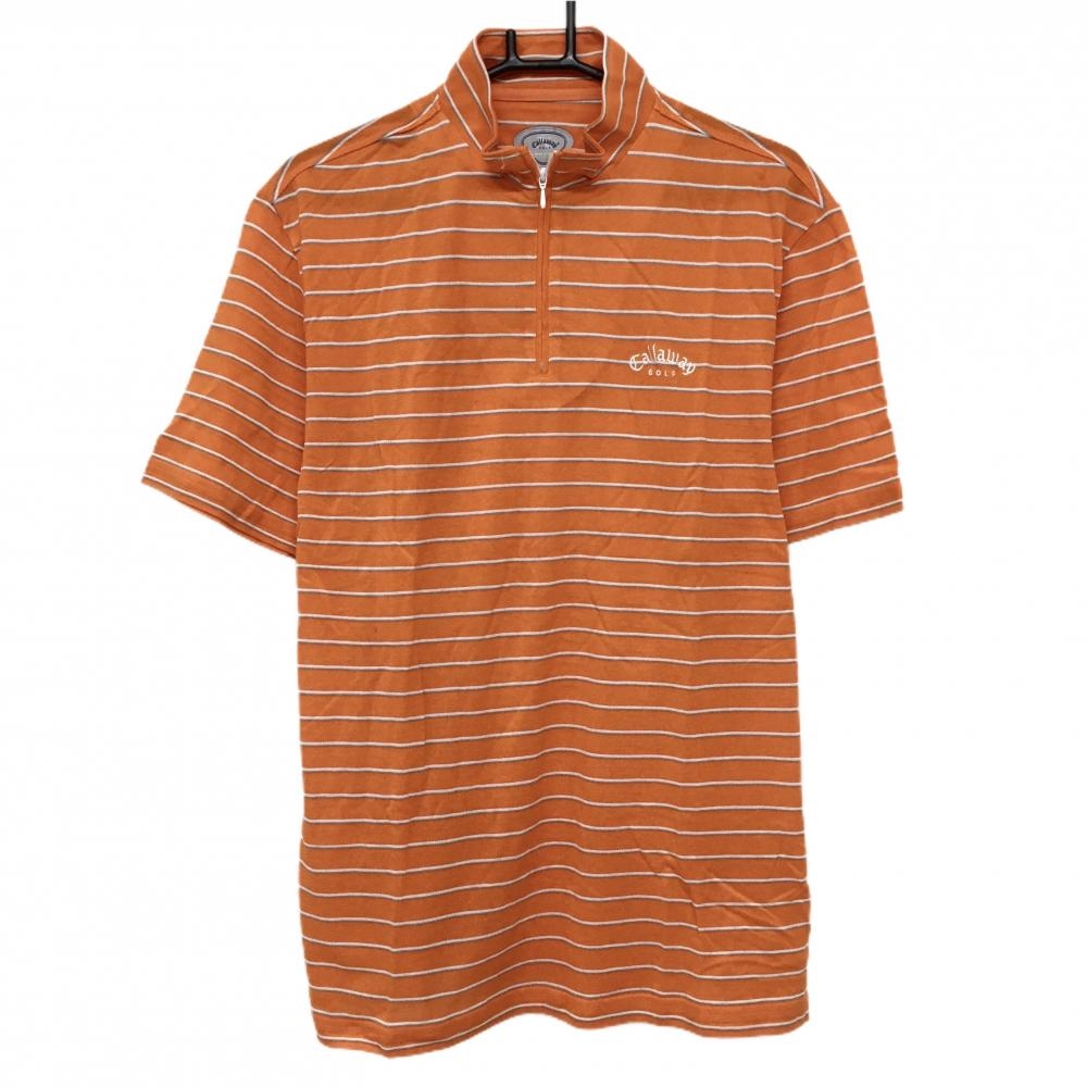 【新品】キャロウェイ 半袖ハイネックシャツ オレンジ×白 ボーダー ハーフジップ コットン100％ メンズ LL ゴルフウェア Callaway 画像