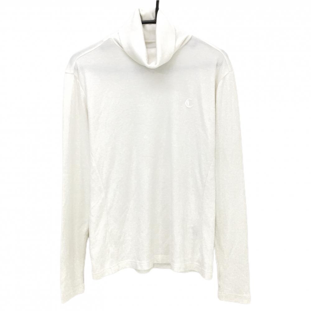 キャロウェイ 長袖タートルネックシャツ 白 ボーダー地模様 ロゴ刺しゅう 微起毛  メンズ L ゴルフウェア Callaway