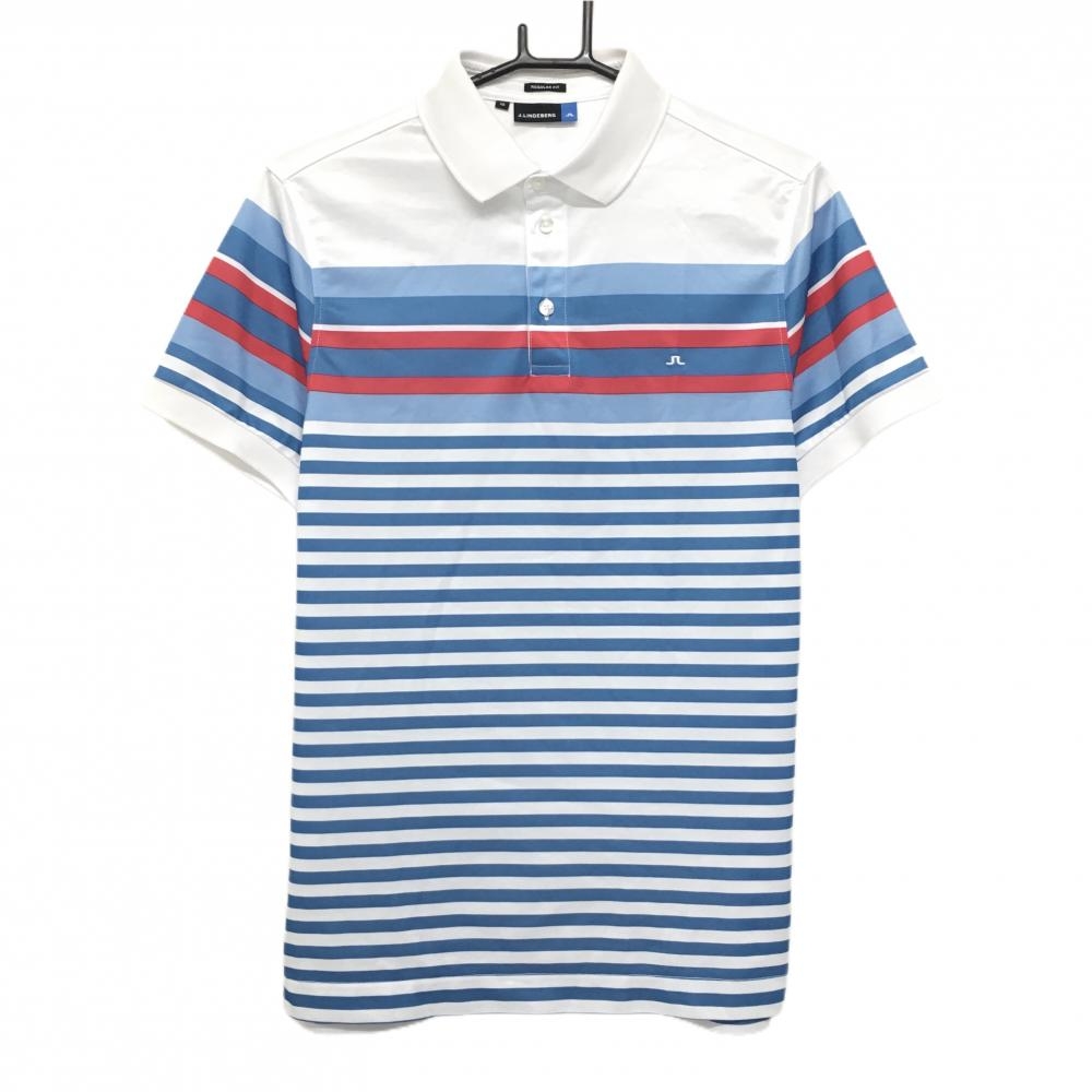 【美品】ジェイリンドバーグ 半袖ポロシャツ 白×ブルー ボーダー メンズ XS ゴルフウェア J．LINDEBERG