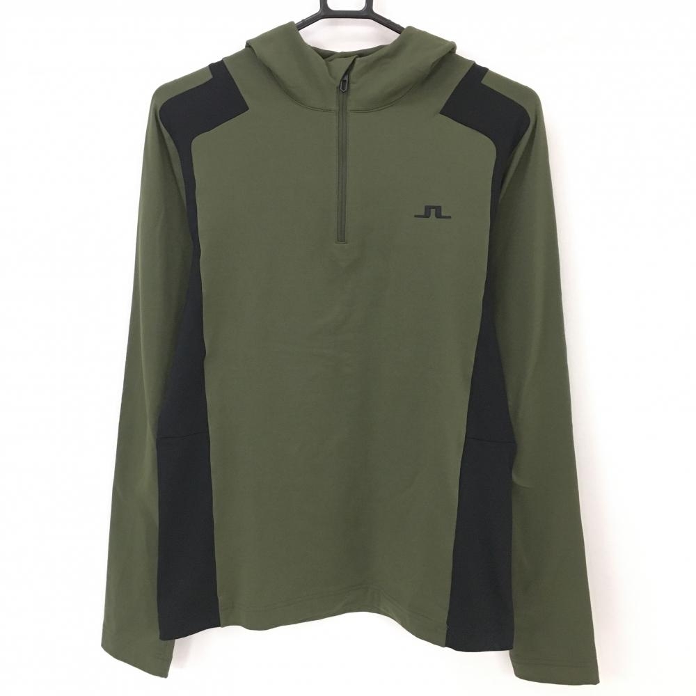 【超美品】ジェイリンドバーグ フード付長袖シャツ カーキ×黒 パーカー 裏微起毛 メンズ S ゴルフウェア J．LINDEBERG