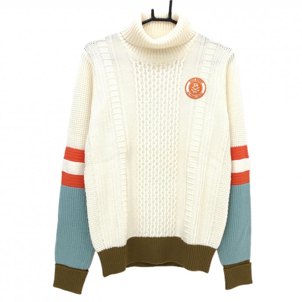 ジャックバニー タートルネックセーター アイボリー×オレンジ×ライトブルー ニット ウール混 メンズ 5(L) ゴルフウェア Jack Bunny