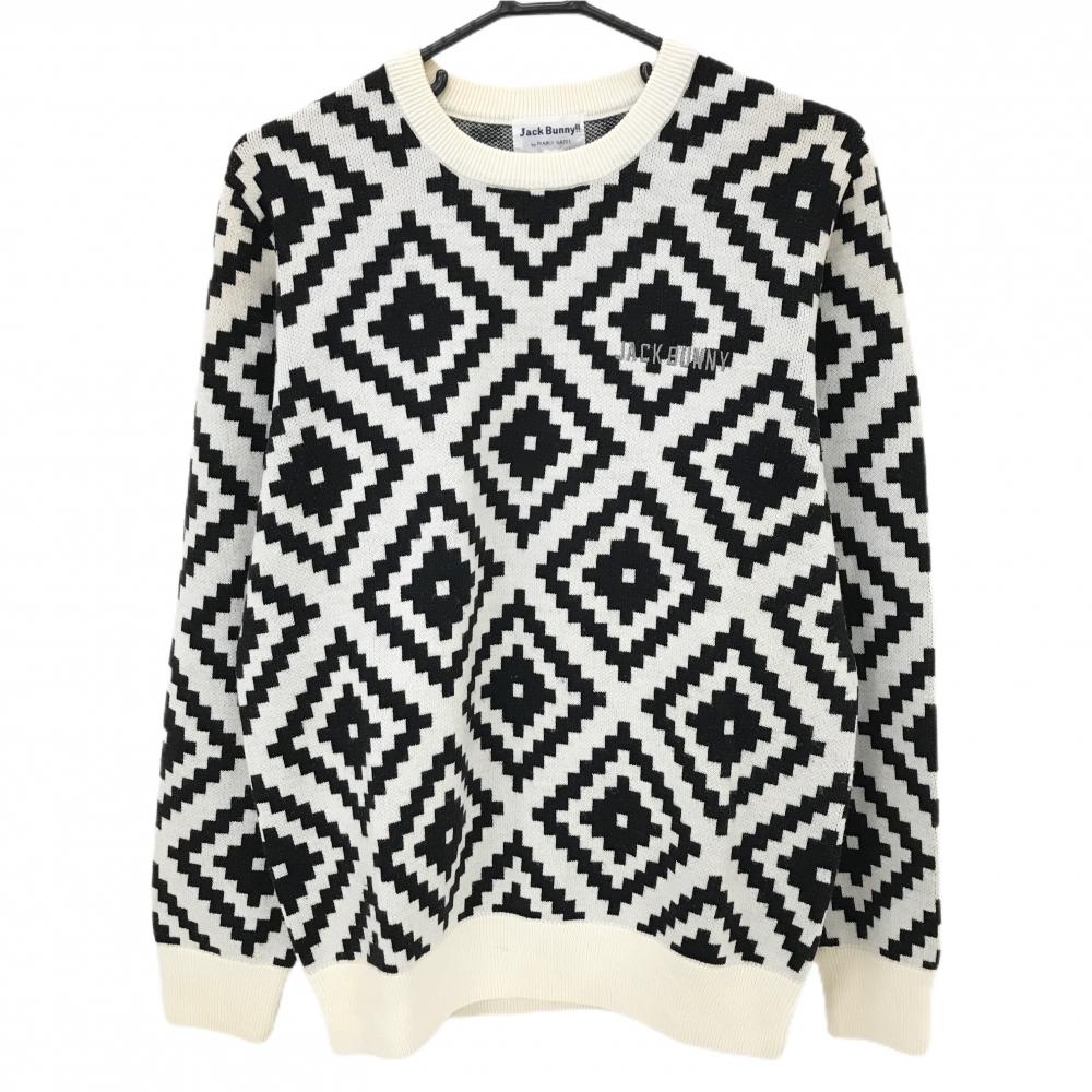 ジャックバニー セーター 白×黒 総柄 ニット ウール混 ネック・肩汚れ メンズ 6(XL) ゴルフウェア Jack Bunny