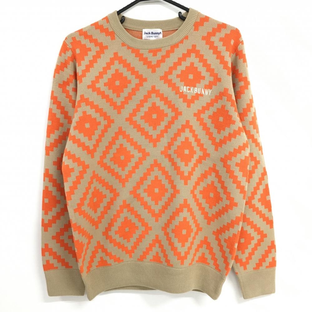 【超美品】ジャックバニー セーター ライトブラウン×オレンジ 総柄 ウール混 ニット メンズ 5(L) ゴルフウェア Jack Bunny