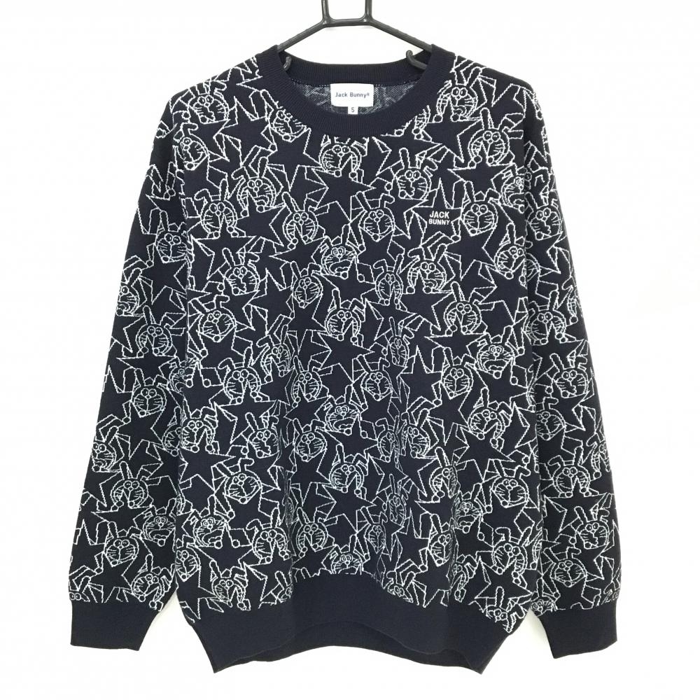 【超美品】ジャックバニー セーター 黒×白 総柄 蓄熱裏地 うさ耳 ニット メンズ 5(L) ゴルフウェア Jack Bunny