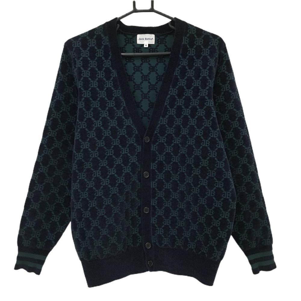 【超美品】ジャックバニー ニットカーディガン ネイビー×グリーン ロゴ総柄 ブルゾン メンズ 4(M) ゴルフウェア Jack Bunny