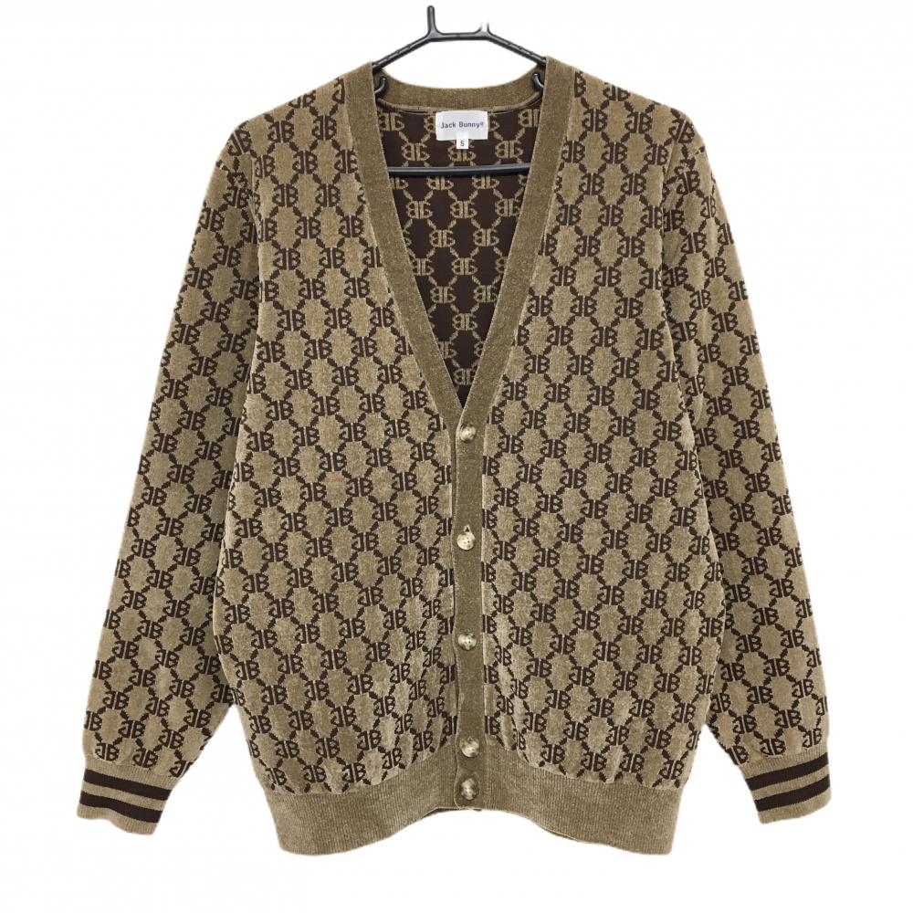 【超美品】ジャックバニー ニットカーディガン ブラウン ロゴ総柄  メンズ 5(L) ゴルフウェア Jack Bunny